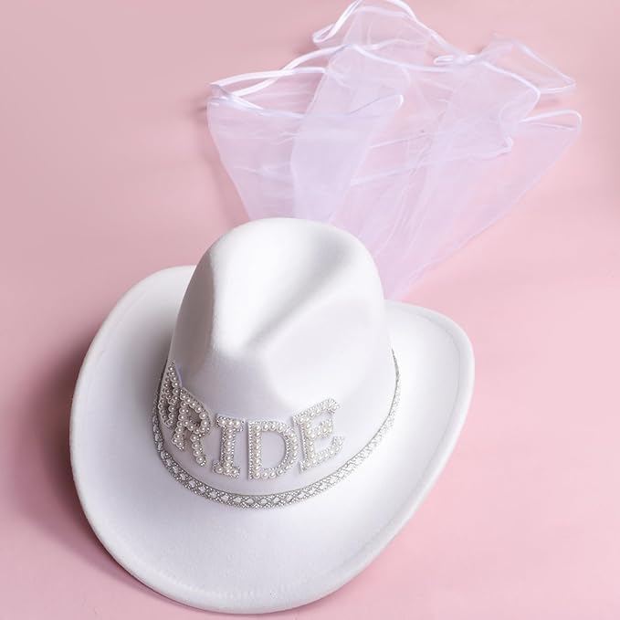 MGupzao Cowboy Hat with Veil Bachelorette Party, White Cowgirl Hat Wedding, Bridal Shower Decoration, Bride to be Gift