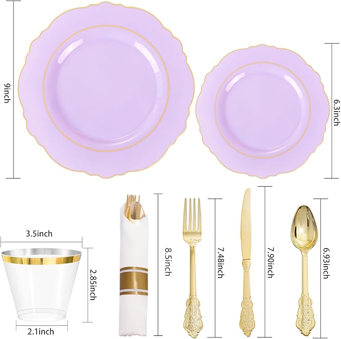 Liacere 175PCS Purple Plastic Plates-Disposable Lavender Plates 25guest Baroque Plastic Dinnerware include 50Plates, 25Pack Pre Rolled Napkins with Silverware 25Cups for Party & Wedding &Mothers Day