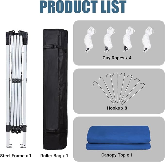 10x10 Pop Up Canopy Tent, Instant Folding Outdoor Shelter with High Strength Steel Frame and Handheld Carry Bag, Ground Stakes and Wind Ropes for Backyard Party, Camping, Beach Events, Blue