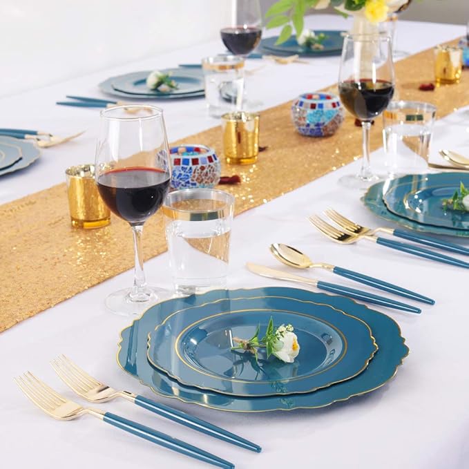 Nervure 100PCS Teal Plastic Plates With Gold Rim & Gold Disposable Silverware with Teal Handle Include 40 Plates, 60 Plastic Sivlerware for Party & Wedding