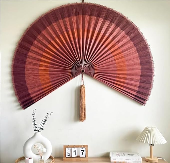 Fan Wall Decor,Japanese Chinese Walls Fan Décor, Boho Hanging Headboard,Decorative Folding Fans for Over Bed Decorations (Redpink 48inch)