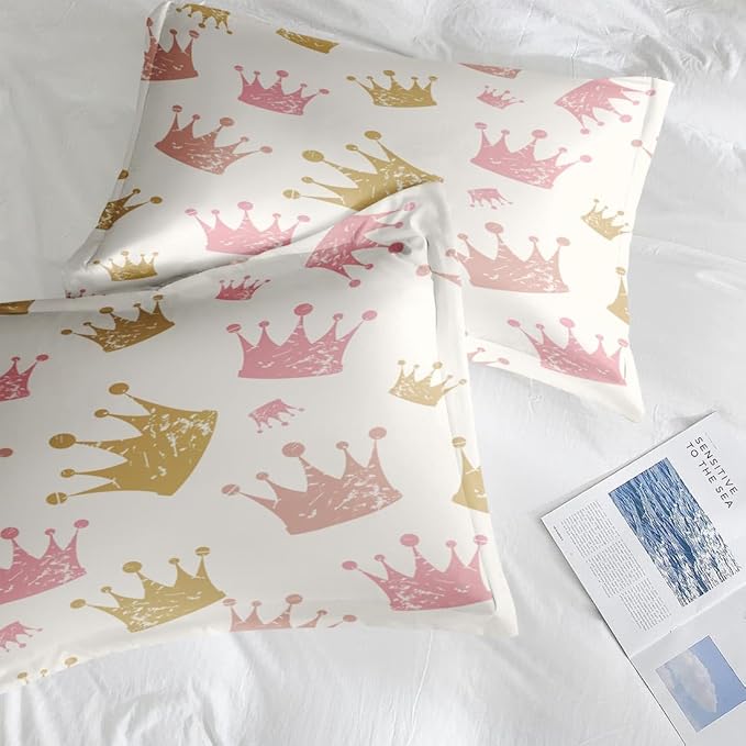 Pamnest Comforter Set Full Size, Cute Kids Crown 7 Pcs Bedding for Kids and Adults, Pink Princess Girls Bed Sheet Sets with Fitted Sheet 2 Pillowcase & 2 Sham for Bedroom Bed Decor