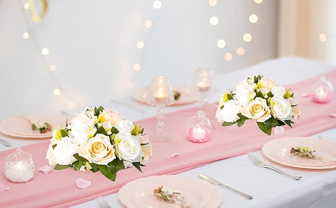 Flower Balls Table Rose Centerpieces: 2 Pcs Fake Flowers Champagne White | Artificial Silk Rose Floral Arrangements for Wedding - Kissing Flower Bouquet with Base for Home Party DIY Decorationss