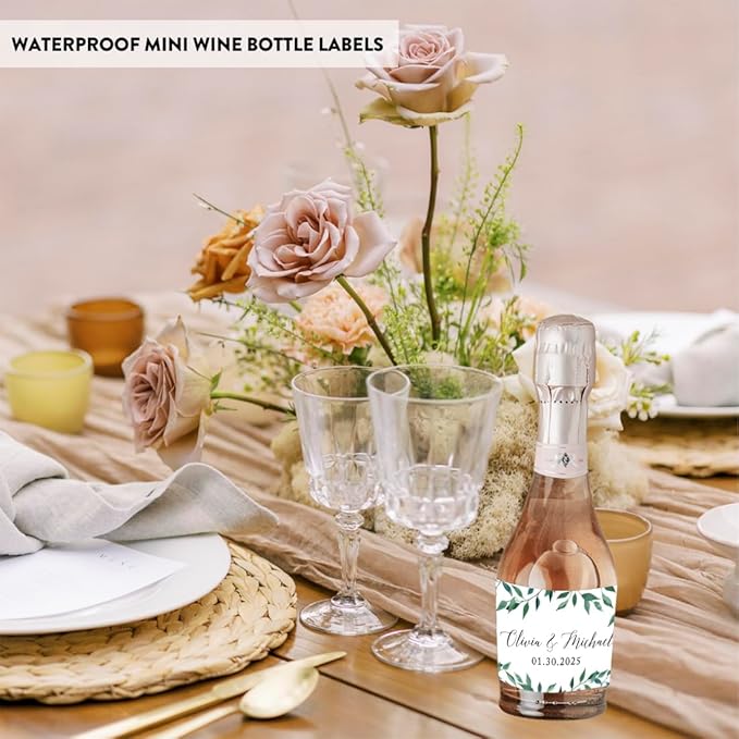 Andaz Press Personalized Wedding Mini Wine Labels - Greenery Green Leaves 20-Pack Bulk Waterproof Mini Wine Bottle Labels for Champagne Bottles