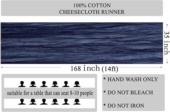 MDS Pack of 25 Cheesecloth Table Runner 35x170 Inch, 14FT Long Gauze Cheese Cloth Table Runner for Wedding Party Birthday Bridal Shower Farmhouse Garden Boho Rustic Table Decoration - Navy Blue
