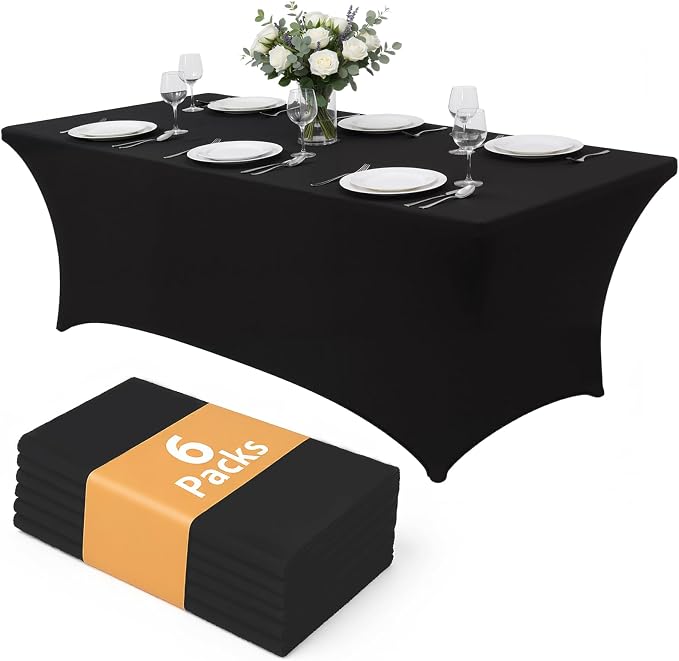 Black Tablecloths 96x30 Inch Table Cloths for 8 Foot Rectangle Tables, Wrinkle Resistant Washable Rectangular Spandex Fabric Table Cover for Vendor Dining Wedding Banquet Camping Party - 6 Pack