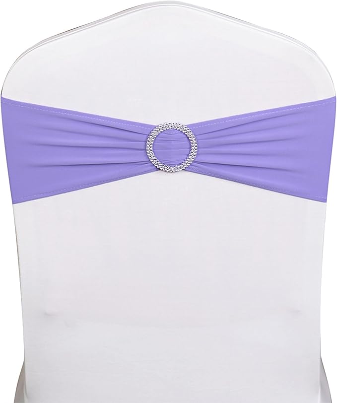 100 PCS Spandex Lavender Chair Sashes for Wedding Stretch Light Purple Chair Bows Bands with Buckle for Party Banquet Birthday Engagement Outdoor Events Decorations