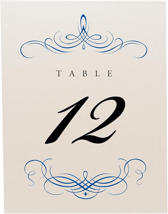 Decadent Flourish Wedding Table Numbers (Select Color/Quantity), Champagne, Royal Blue, 1-75, Double Sided, Tent or Use in a Stand, Great for Parties & Restaurants
