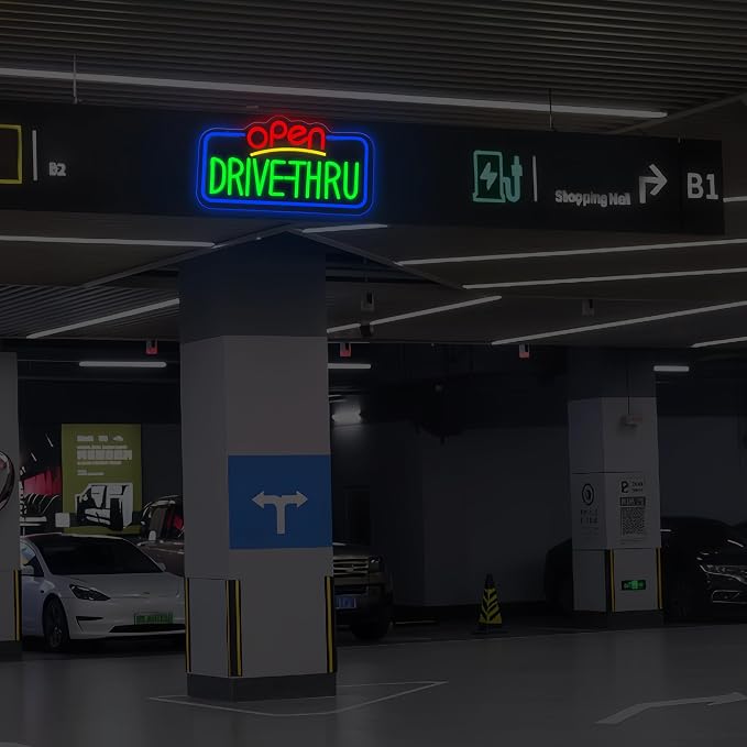 Drive Thru Open Neon Signs for Wall Decor LED Drive Thru Sign for Business for Fast Food, Electric Advertising Display Sign for Pizza Burger Business Shop Store Window Home Decor