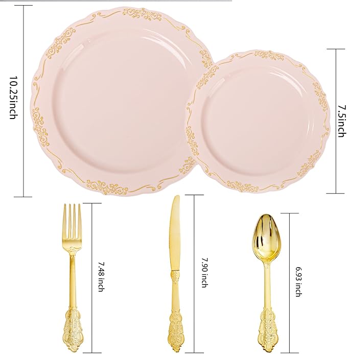 DaYammi 150Pcs Pink Plastic Plates with Gold Rimmed & Gold Silverware,Pink Disposable Plates for Party Include 30 Dinner Plate,30 Dessert Plate,30 Knives,30 Forks,30 Spoons for Mother's Day Party