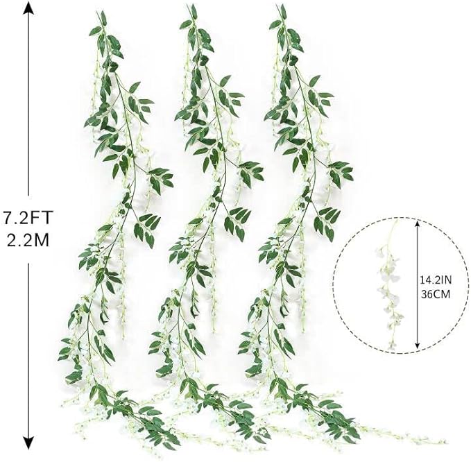 JUSTOYOU 3PCS 7FT 12 Stem Artificial Wisteria Vine Garland Fake Flower Wisteria Garlands for Outdoor Indoor Wedding Wall Bedroom Decoration(White)