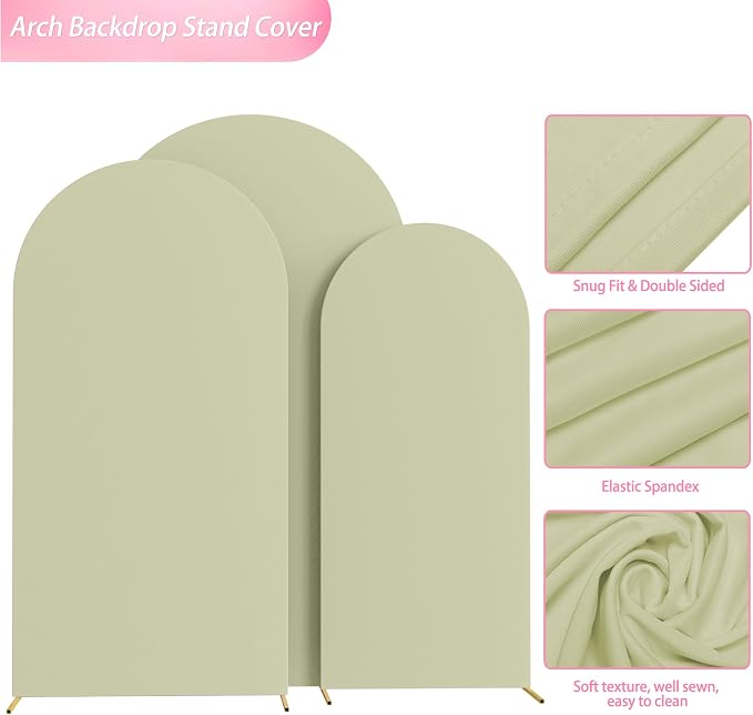 Wokceer Wedding Arch Backdrop Cover (7.2FT, 6.6FT, 6FT) Set of 3 Spandex Fitted Wedding Arch Stand Covers for Round Top Chiara Backdrop Stands Cover for Birthday Party Ceremony Decor Sage Green