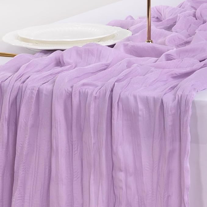 Socomi 3pcs Lilac Purple Lavender Cheesecloth Table Runner Summer Boho Rustic Gauze 120 inch 10FT Cheese Cloth Sheer Runner for Wedding Party Baby Shower Birthday Home Decor Holiday Decorations
