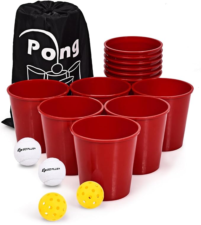 Goplus Yard Pong, Giant Outdoor Games Pong Set with 12 Buckets, 2 Balls and a Carry Bag, Toss Game for Beach, Backyard, Lawn, Party, Camping, Tailgate Game for Family and Friends