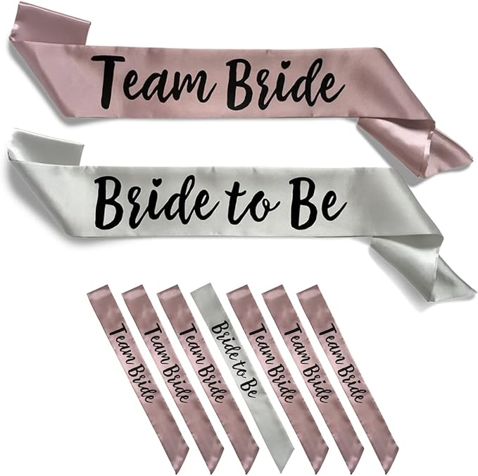 Team Bride 7pc Satin Sash Set - Sophisticated & Fun Party Favors for Bachelorette Party, Bridal Shower & Wedding Party (7pc Set, Silver & Dusty Pink)
