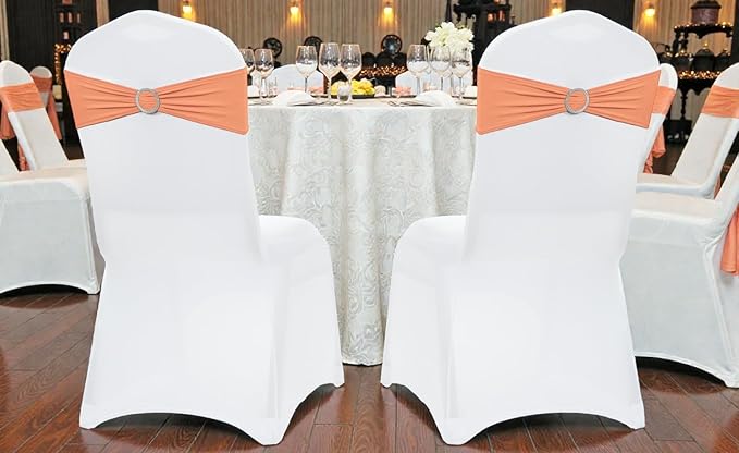 VDS - Peach | Spandex Chair Sashes Bows | 200 PCS | Stretch Elastic Banquet Universal Folding Chair Band Tie with Silver Buckle Slider for Wedding Party Conference Celebration Event Decoration