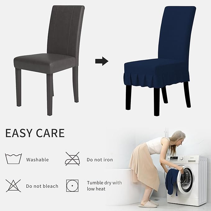 Easy-Going Dining Chair Covers Stretch Parsons Chair Slipcover with Skirt Chair Covers for Dining Room Restaurant Banquet (6 PCS, Navy)