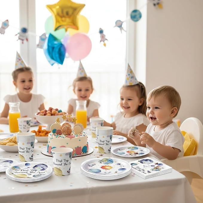 96 PCS First Trip Around The Sun Decorations,Outer Space Party Decorations 1st Birthday Party Supplies Plates Napkins Cups Set,Space Theme First Birthday Party Decorations for Boy Girl
