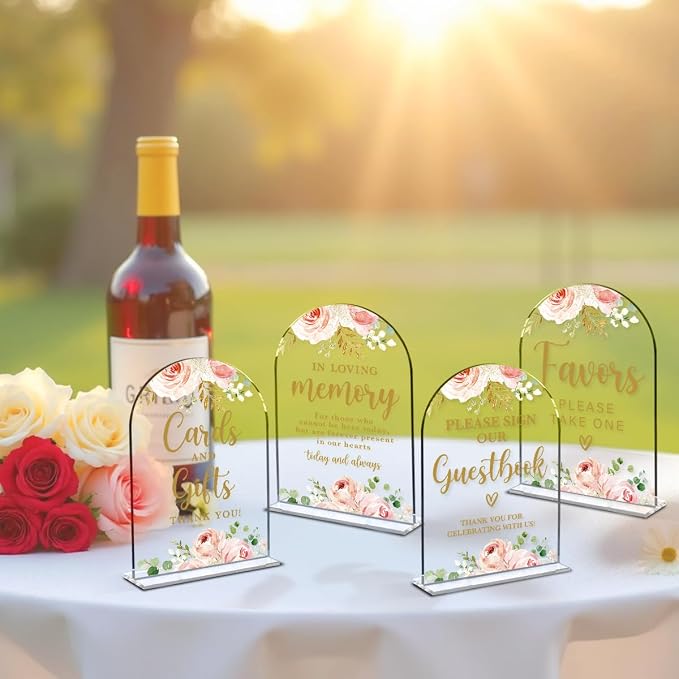 4 Pcs Acrylic Wedding Signs for Reception, Bridal Shower Decorations, Cards and Gifts Signs, Guest Book Sign, Arch Acrylic Table Top Sign with Holder for Wedding Reception (Clear Pink Flowers)