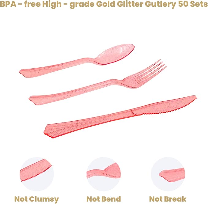 AIRE 350PCS White Rose Gold Party Supplies, Bulk Disposable Dinnerware Set Serves 50, Heavy Duty Paper Plates & Plastic Cutlery Forks Knives Spoons for Wedding, Engagement, Large Event