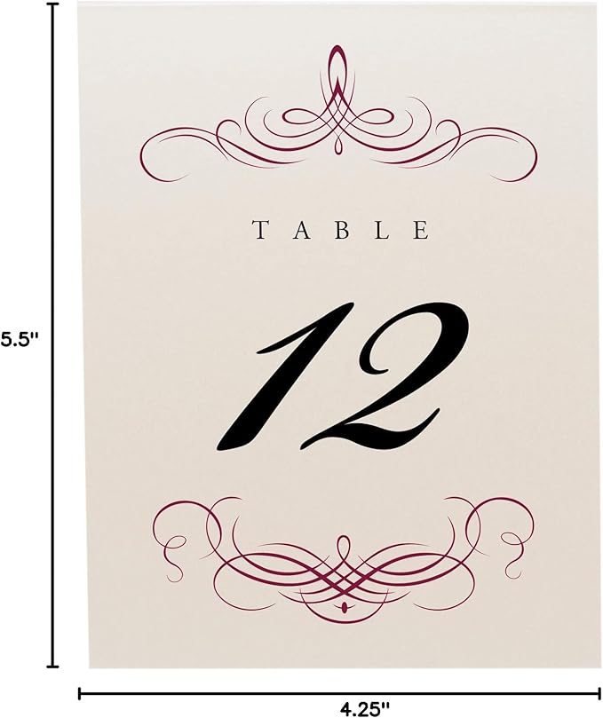 Decadent Flourish Wedding Table Numbers (Select Color/Quantity), Champagne, Burgundy, 1-200, Double Sided, Tent or Use in a Stand, Great for Parties & Restaurants