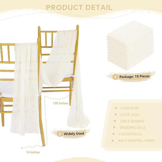 Beige Chiffon Table Runner Sheer: 10 Pieces 14x120 Inches Wedding Table Runners - 10ft Soft Fabric for Daily Dining Bridal Baby Shower Decorations