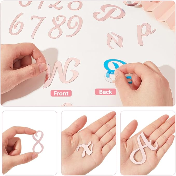 1 Box 128Pcs 63 Styles Letter Cake Topper Pink Acrylic Number Cupcake Toppers Plastic 0-9 Numbers A-Z Letters Mirrored Non Edible Rose Gold Decors for Cake Wedding Anniversary Birthday