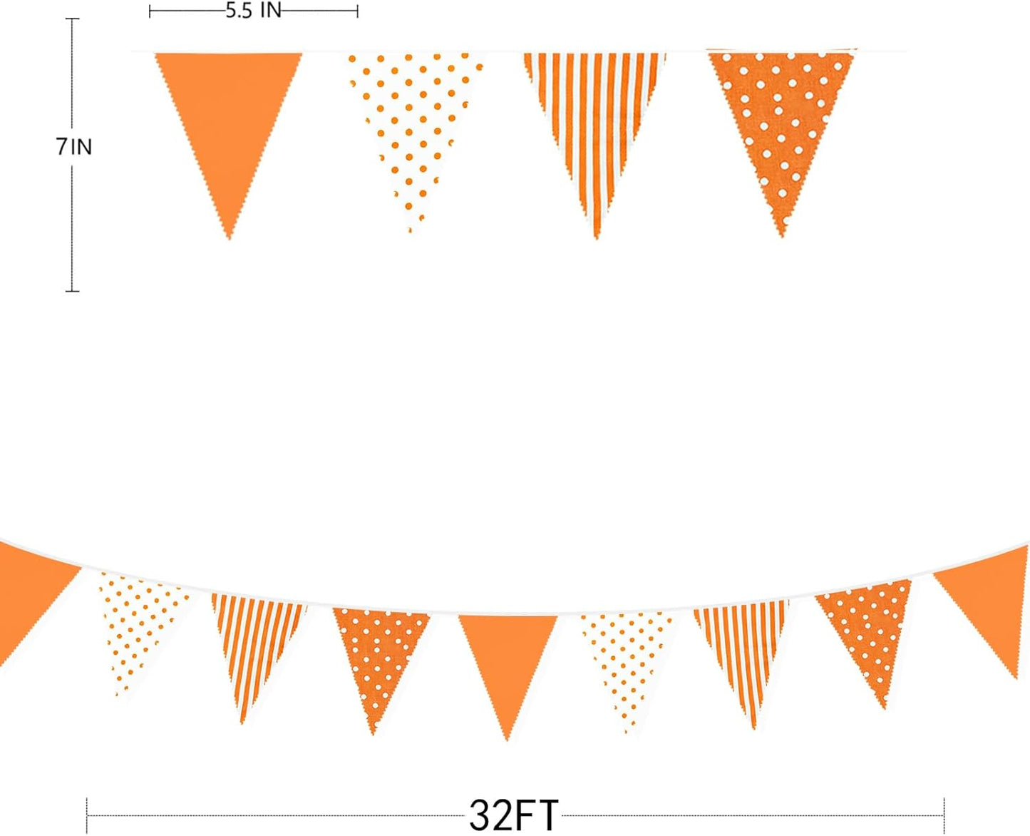 32Ft Orange Stripe Dot Triangle Flag Fabric Banner Cotton Pennant Garland Bunting Streamer for Fall Decor Autumn Wedding Birthday Party Thanksgiving Day Home Nursery Outdoor Garden Hanging Decoration