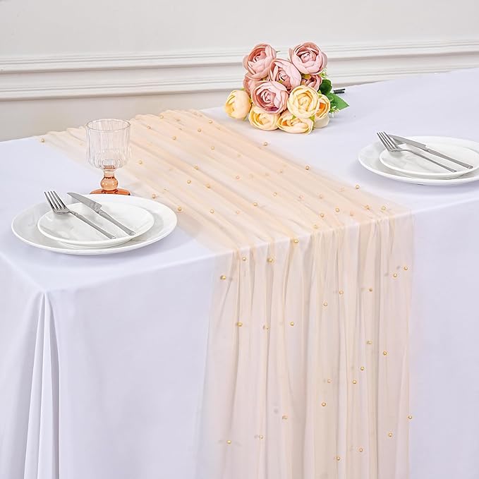 Champagne Pearl Table Runner Centerpieces: 10ft Pearl Tables Decor 29x120 Inch Tulle Chiffon Fabric for Wedding Decor Birthday Party Dining Table Covers