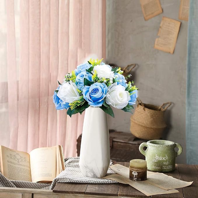 Artificial Flower Centerpieces for Tables: 6pcs of Rose Flower Balls, Flower Kissing Balls, Fake 15-head Plastic Flower Roses with Base for Birthday Party Christmas Home Wedding Decor (Blue White)