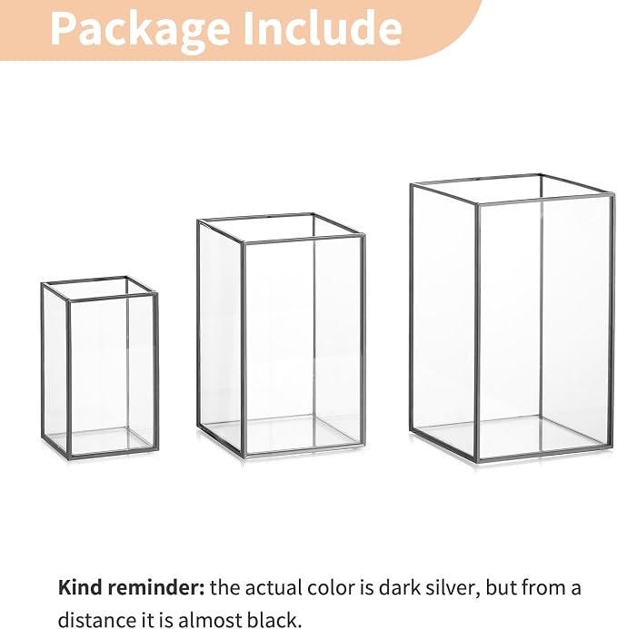 NUPTIO Glass Hurricane Candle Holder: 3 Pcs Black Lanterns Geometric Pillar Candles Holder Decorative Lantern Centerpiece for Outdoor & Indoor Halloween Holiday Fireplace Decor 8.1 & 6.5 & 4.7 inch