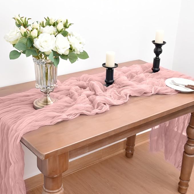 Joanlody Dusty Rose Cheesecloth Table Runner Spring Summer 10Ft Rustic Gauze Boho Cheese Cloth Table Runner for Wedding Bridal Baby Shower Decoration