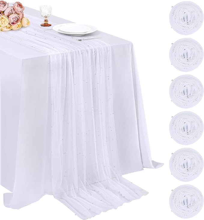 Pearl Gauze Table Runner Sheer Tulle Fabric Set of 6 White Lace Table Runners 29x120 Inch Boho Rustic Desk Centerpieces for Bridal Shower Birthday Party Wedding Arch Aisle Veil Dessert Table Decor