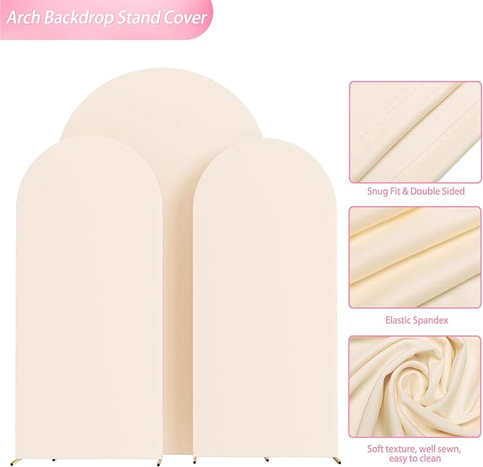 Wokceer Wedding Arch Cover 7.2FT, 6FT, 6FT Spandex Set of 3 Wedding Arch Stand Covers Round Top Chiara Arch Backdrop Stands Cover for Birthday Party Ceremony Banquet Decor Beige