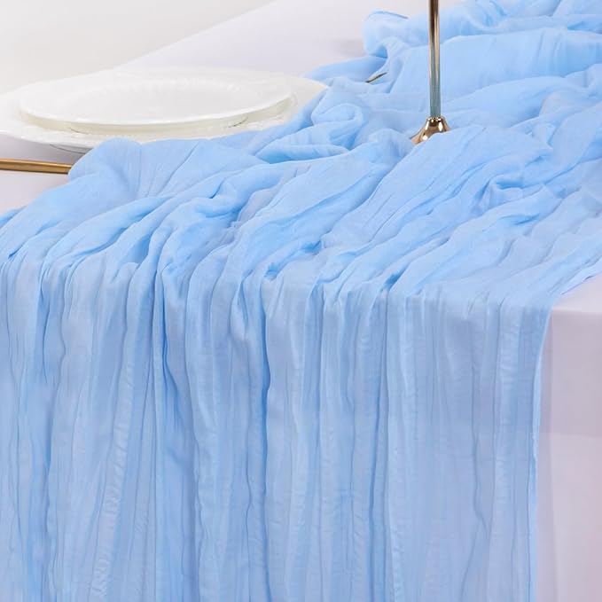Socomi 3pcs Light Blue Cheesecloth Table Runner Summer Boho Rustic Gauze 120 inch 10FT Cheese Cloth Sheer Runner for Wedding Party Baby Shower Birthday Home Decor Holiday Decorations