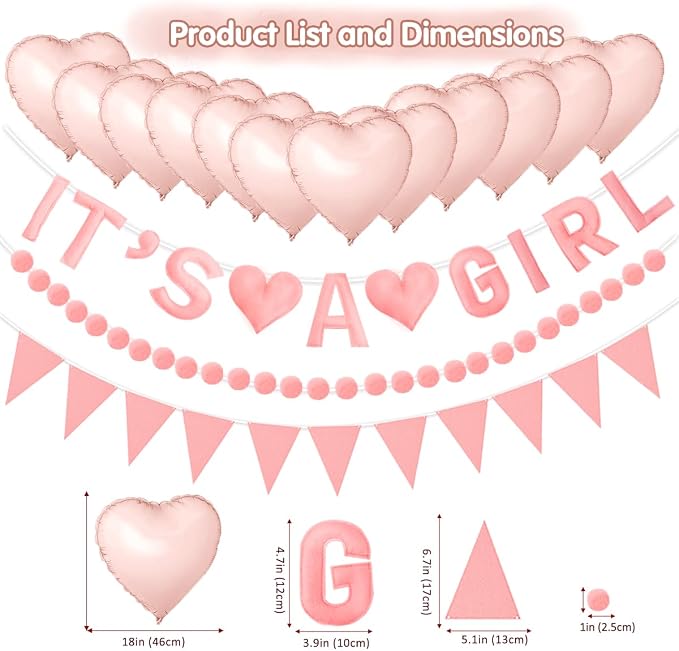 Gender Reveal Banner Set with Pre-Strung 3D it is a girl Felt Banner, Pom Pom Garland, Triangle Fabric Bunting, 12 PCS Pink Heart Shaped Balloons, Baby Shower Decorations for girls