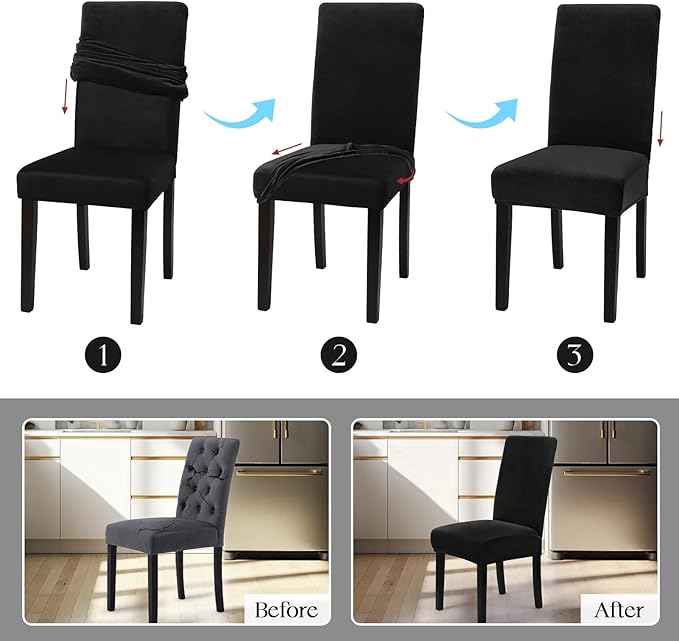 MOSAYT Velvet Stretch Chair Covers for Dining Room Set of 6 - Soft Slipcovers with Thick Removable Fabric for Parsons Chairs, Washable Seat Protectors for Kitchen, Banquet & Home Decor, Black