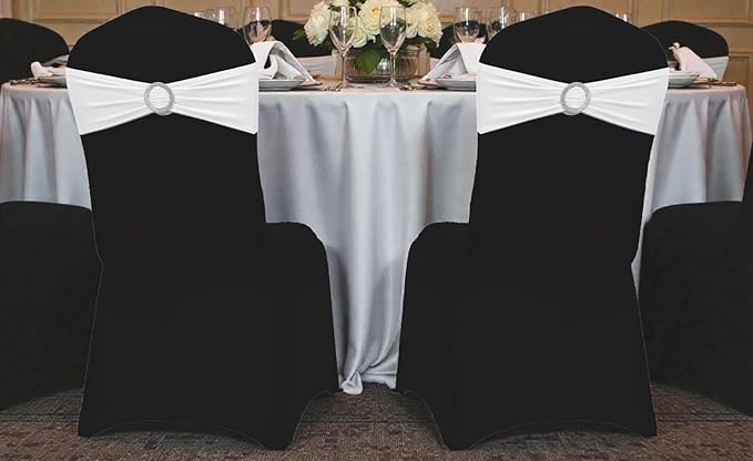 VDS - White | Spandex Chair Sashes Bows | 150 PCS | Stretch Elastic Banquet Universal Folding Chair Band Tie with Silver Buckle Slider for Wedding Party Conference Celebration Event Decoration