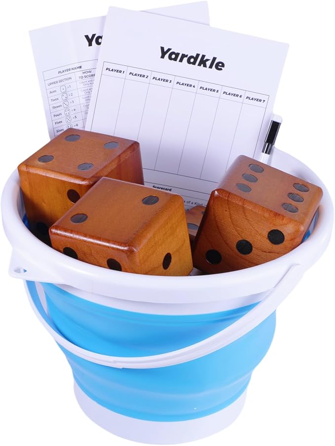 SpeedArmis 3.5" Giant Wooden Yard Dice Set - Large Lawn Yatzee with Scoreboard - Outdoor Beach Backyard Games for Adults Family (Including Collapsible Bucket)