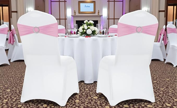 VDS - Blush Pink | Spandex Chair Sashes Bows | 75 PCS | Stretch Elastic Banquet Universal Folding Chair Band Tie with Silver Buckle Slider for Wedding Party Conference Celebration Event Decoration