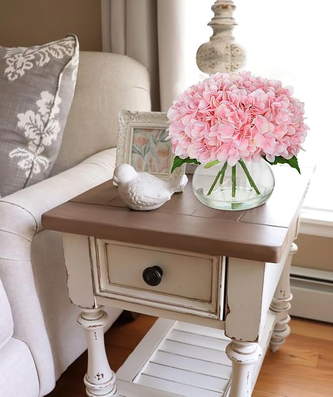 Hollyone Pink Hydrangea Artificial Flowers with Glass Vase Silk Faux Flowers Arrangements with Clear Faux Water Fake Floral Bulk Bouquet for Home Decor Table Centerpiece Decorations