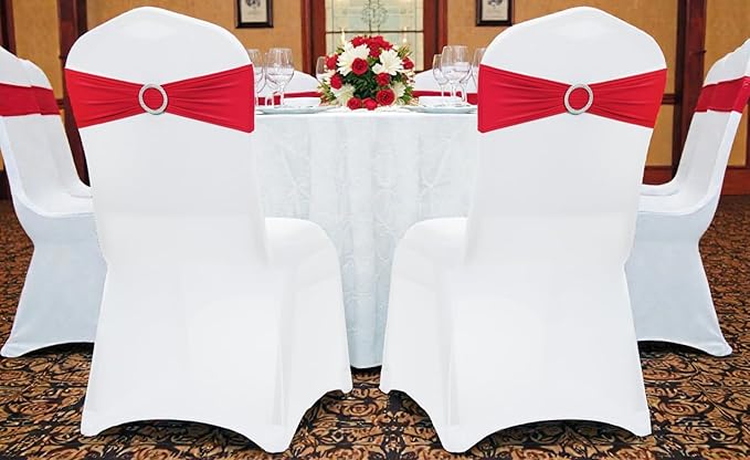 VDS - Red | Spandex Chair Sashes Bows | 75 PCS | Stretch Elastic Banquet Universal Folding Chair Band Tie with Silver Buckle Slider for Wedding Party Conference Celebration Event Decoration