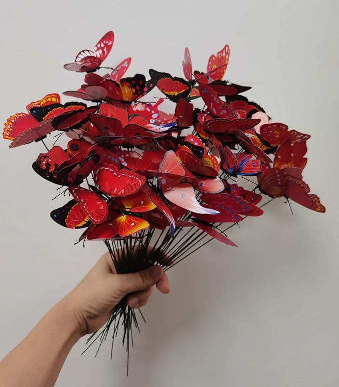 3D Butterfly Garden Stake Decor,10" PVC Butterfly Garden Decor for Outside,Shaking Head Artificial Butterflies for Cake Bouquet Wall Lawn Pathway Plant Pot Flower Bed Yard Decor (50, Red)