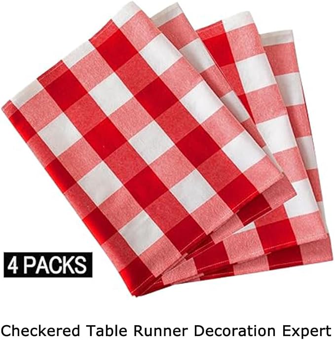 ShinyBeauty 4 Packs Checkered Table Runners 108 Inches Long Red and White Table Runner Christmas Decorations Farmhouse Plaid Linen for Dinning Party Outdoor Tables (14”X108”)