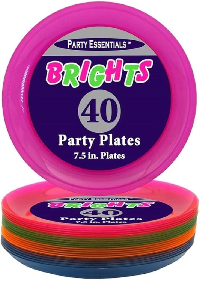 Party Essentials Hard Plastic 7.5-Inch Round Party/Salad Plates, Assorted Neon, 40 Count