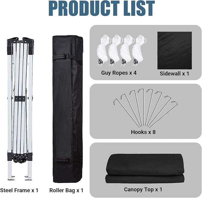 10x10 Pop Up Canopy Tent with One Sidewall, Instant Folding Outdoor Shelter with Air Vent, High Strength Steel Frame and Handheld Carry Bag for Backyard Party, Camping, Black