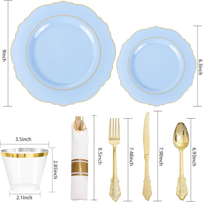 Liacere 175PCS Bule Plastic Plates - Disposable Ligh Bule and Gold Plates - Baroque Plastic Dinnerware 50Plates, 25Pack Pre Rolled Napkins with Silverware 25Cups for Baby Shower Party & Wedding