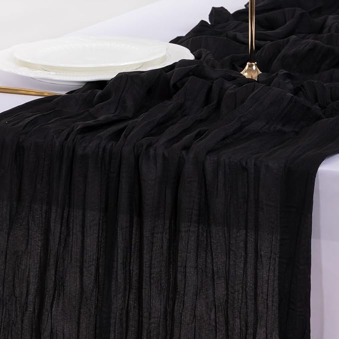 Socomi 6pcs Black Summer Cheesecloth Table Runner Boho Rustic Gauze 120 inch 10FT Cheese Cloth Sheer Runner for Wedding Party Baby Shower Birthday Home Decor Holiday Decorations