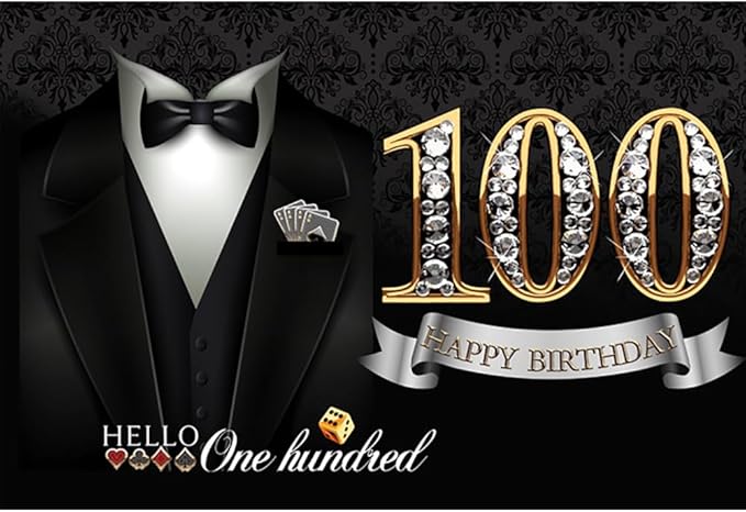 10x6.5ft Men 100th Birthday Backdrop Gentleman Black Tuxedo Suit Shiny Diamond Hello One Hundred Damask Floral Photography Background for Grandpa Father Birthday Party Decors Cake Table Banner