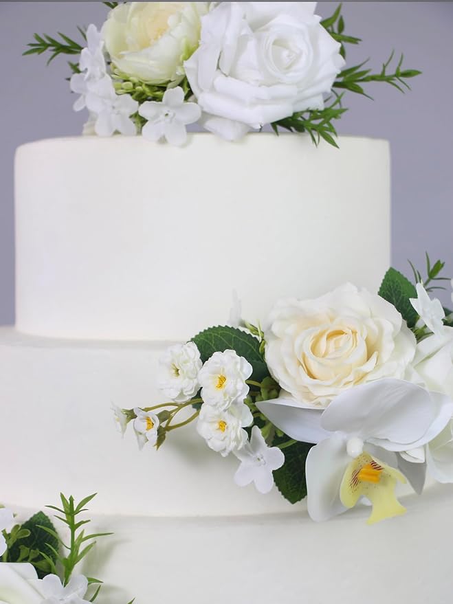 Rinlong 3Pcs Pre-made White Orchid Cake Flowers Cake Toppers Decorations Wedding Cake Decorating Flowers Decor Birthday Baby Shower Party Artificial Flower Cake Topper Flower Arrangements
